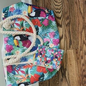 Large canvas tropical print tote bag NWT